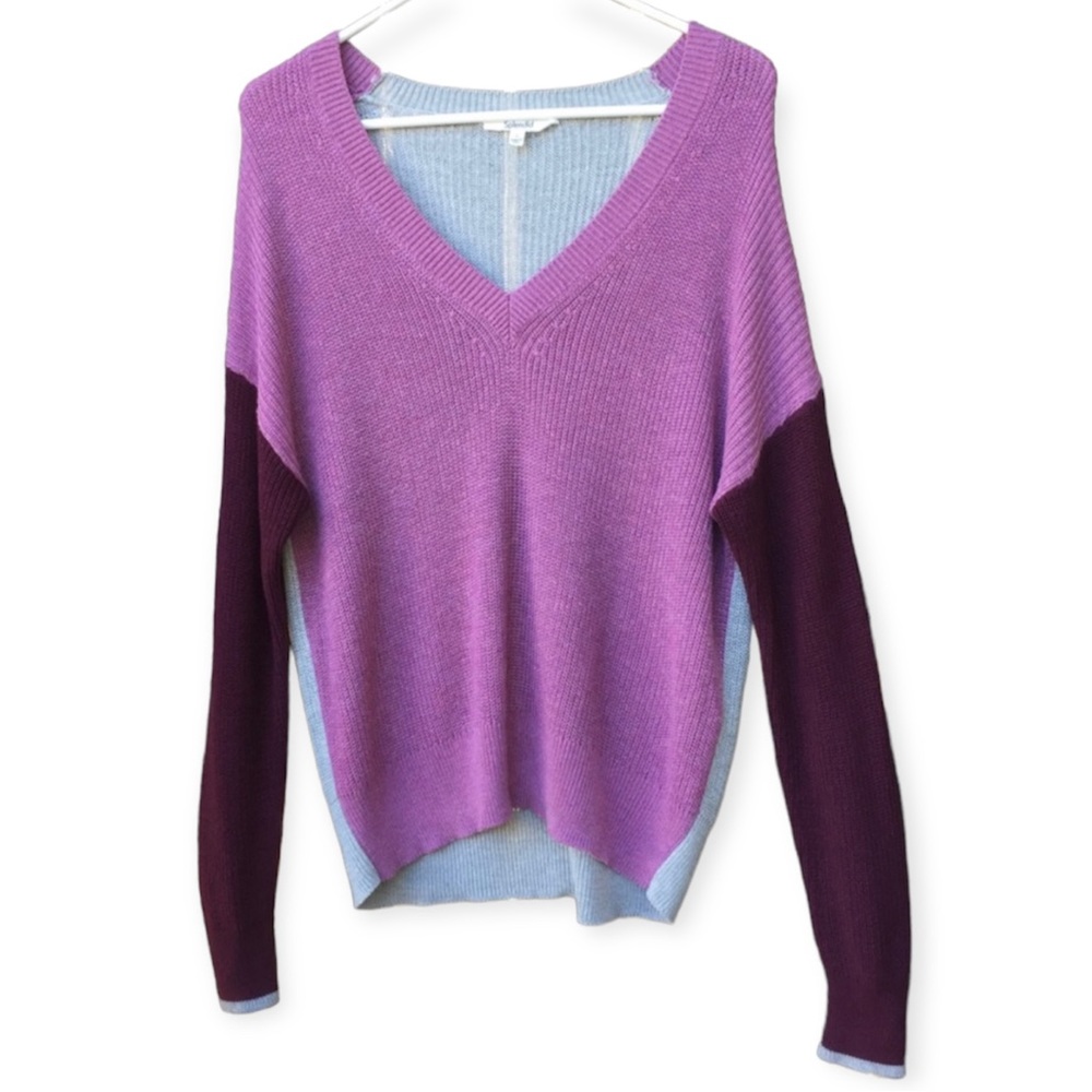 Splendid Cashmere Viscose Blend Ribbed V-neck Color Block Oversized Sweater Sz S